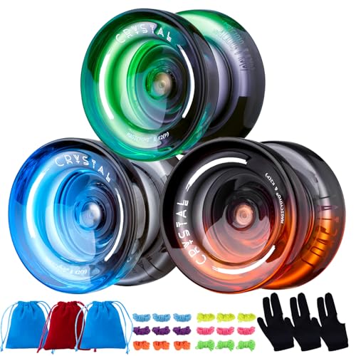 Image of MAGICYOYO Pack of 3 Responsive Yoyos for Kids Beginners, K2 (Crystal YoYo with 3 Yo Yo Gloves, 3 Yo-yo Bags, 18 Yoyo Strings (Black Green+Black Blue+ Black Orange)