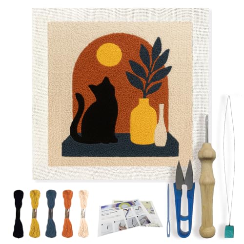 Image of FREEBLOSS Punch Needle Kits Starter Embroidery Set Punch Needle Rug Kit with English Instructions for Adults Beginners Craft Lovers with Printed Cat and Windowsill Pattern 24x24cm /9.4x9.4inch