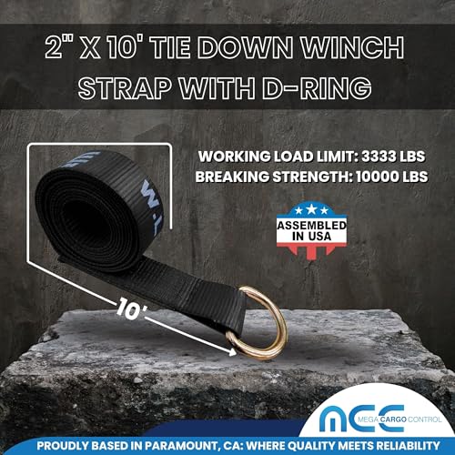 Image of Mega Cargo Control 2 inch x 10' D-Ring Lasso Strap & Recovery Auto Tie Down for Wheel Lift, Trailer, Tow Truck (4 - Pack)
