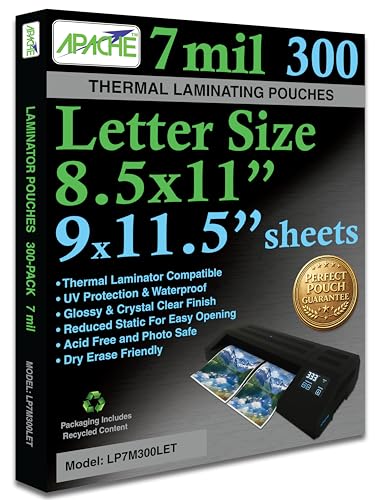 Image of Apache Letter Size Laminating Pouches, 7 Mil, 300 Pack, Holds 8.5 x 11 Inch Projects (9 x 11.5 Inch Pouch Size), Thermal Laminator Compatible Laminating Sheets, Super Clear, Round Corners