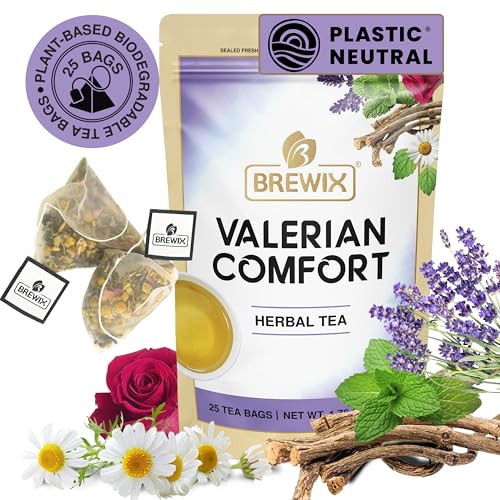 BREWIX, Valerian Comfort Tea (25 Pyramid Bags) Caffeine-Free for Bedtime | Valerian Root, Chamomile...