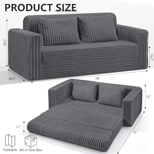 Image of HABUTWAY 78 inch Loveseat Boneless Couch, 4-in-1 Convertible Sofa Bed, Plush Fur Folding Futon Sofa Bed Couches with 2 Pillows for Living Room, High-Density Foam Support, No Assembly Required, Grey