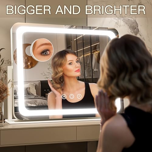 Image of FENNIO Vanity Mirror with Lights 22''x17'' Makeup Mirror with Lights,Vanity Mirror Touch Screen with 3-Color Lighting,Dimmable,for Vanity Desk Tabletop