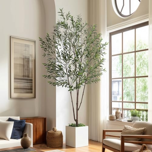 Bailikang 8FT Artificial Olive Tree Artificial Olive Plants Tall Faux Olive Tree Faux Silk Plant Fake Plant Ultra-Realistic Silk Leaves & Natural Trunk Indoor Outdoor Use