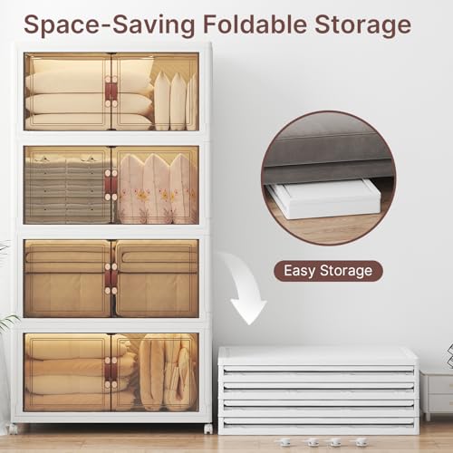 Image of UAMFURI Stackable Storage Bins with Lids, 1440QT Lockable Storage Cabinet, Foldable Storage Box with Doors and Wheels, Plastic Drawers for Home, Garage, Office (8, White, Extra Large)