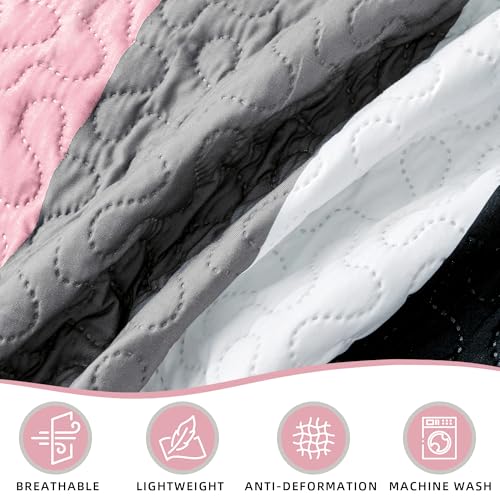 Image of Tyrot 3 Piece Pink Gray Quilt Full /Queen Size Black White Grey Bedding Set | Lightweight Bedspread, Geometric Coverlet with 2 Sham, Modern Abstract Soft Microfiber, Bed Cover for All Season, 90''x96''