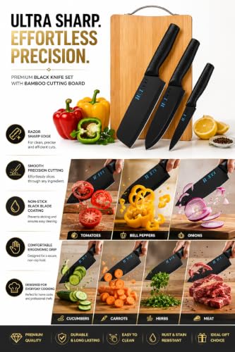Image of Large Cutting Board for Kitchen | Non-Slip Antibacterial Surface with Stainless Steel Handle | Durable Chopping Board for Vegetables, Fruits & Meat (Bamboo Board with Black Knife)