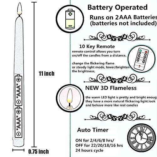 11 inch Flameless Taper Candles with Remote and Timer ,Ivory Wax Coverd. Diameter 0.9" . Set of 4