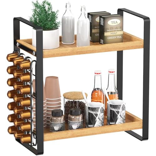 LEMIKKLE Coffee Station Organizer,Compatible with Nespresso Classic Pods 24pcs, Coffee Bar Accessories and Cup Storage Organizer, Wood Counter Shelves for Kitchen, Office, Countertop