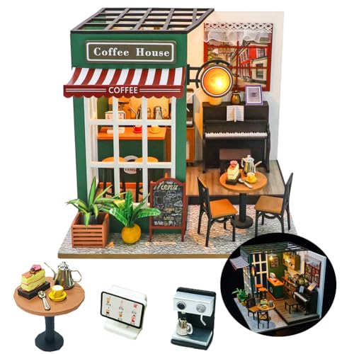 TOPBSFARNY Kit de casa de muñecas en miniatura, casa de café, miniaturas de madera, kits de modelos, regalos de cumpleaños de Navidad (sin cubierta antipolvo)