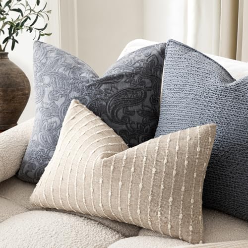 Image of Foindtower Pack of 2 Decorative Jacquard Boucle Lumbar Throw Pillow Covers Accent Textured Striped Pillowcases Cozy Boho Cushion for Couch Sofa Bedroom Living Room Home Decor 12x20 Inch Natural Beige