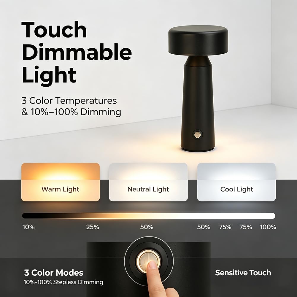 Akku Tischlampe Kabellos LED Dimmbar Innen Tischleuchte Schwarz USB Aufladung Batteriebetrieben Nachttischlampe, Leselampe, 3 Helligkeitsstufen Nachttischlampe Stilvolle Beleuchtung Lichter