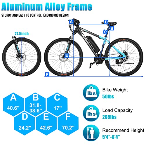 Ancheer 350W Electric Bike 27.5'' Adults Electric Commuter Bike/Electric Mountain Bike, 48V Class 2 Ebike With 10.4Ah Battery, Lcd Display, 24 Speed Gears #TOP5
