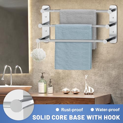 Otoomenz Towel Rail Wall Mounted 3-Tier Towel Rack, SUS 304 Stainless Steel Towel Shelves, Towel Bar Towel Storage 2 Installation Methods Adjustable Towel Holder for Bathroom Kitchen Office(37-70cm) - Image 6