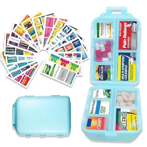 Image of Large Pill Organizer with 146 Medicine Labels, Blue Travel Pill Case | Large 10-compartment pill case with 146 labels for vitamins, supplements, daily meds, 7-day planning, work, travel, and home