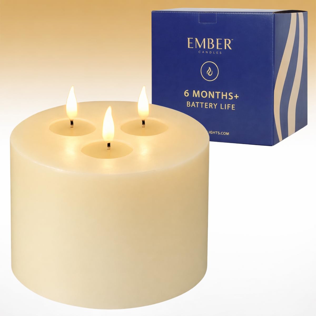 Ember Candles Ivory Ember Candles™ 13Cm X 15Cm Triple Wick Led Flickering Battery Candle – 100% Real Wax, Ultra-Realistic, Flameless, Hand-Poured Design, 6-Hour Timer For Safe Indoor Use (Without Remote Control)
