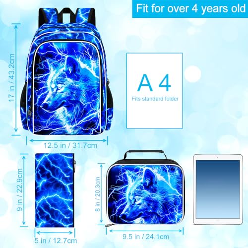 Image of 3Pcs Wolf Backpack for Boy, 17 inch Lightning Bookbag for Elementary Preschool Kindergarten, Kids School Backpacks with Lunch Box (Blue)