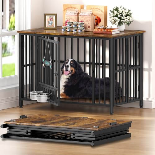 Easycom 41" Dog Crate Furniture Foldable, No Assembly Decorative Dog Kennel Indoor, Dog Crates for Large Dogs(40-65 lb), Wooden Dog Cage with Adjustable Bowls and Name Tag, End Table, Rustic Brown