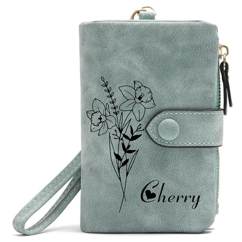 Personalized Peacock Blue Small Leather Wallet Custom Birth Month Flower & Name Coin Purse Card Holder for Women Girls Customized Gift for Birthday Christmas Mothers Day
