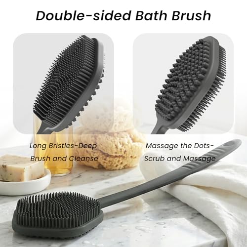 Redfly Silicone Back Scrubber for Shower Brush, 17 inch Long Handled Silicone Body Scrubber for Men & Women, Double Sided Shower Scrubber for Body Brush Exfoliator and Massage, Gray — view 3