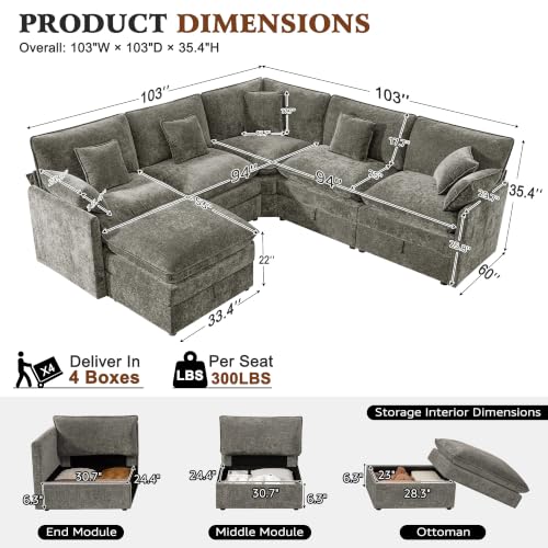 Image of Ihanherry Oversized Modular Sectional Sofa with Storag, 6-Seater V Shaped Cloud Couch with Movable Ottomans, Chenille Deep Seat Corner Couches for Living Room (Grey)