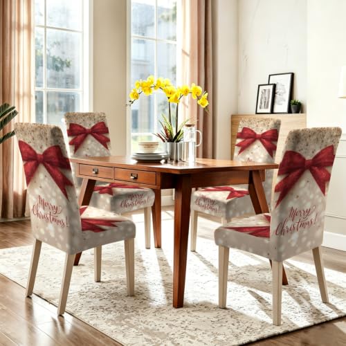 Image of Merry Christmas Dining Chair Covers Set of 4, Red Bow Slipcovers