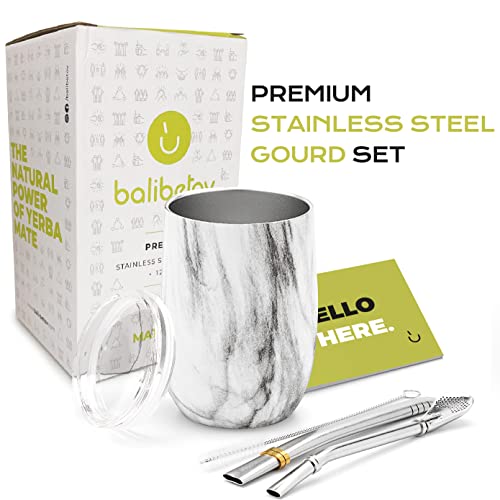 Balibetov Modern Mate Cup And Bombilla Set (Yerba Mate Cup) -Yerba Mate Set Includes Double Walled 18/8 Stainless Steel Mate Tea Cup, Two Bombilla Mate (Straw) And A Cleaning Brush (Marble, 12.00) #TOP1