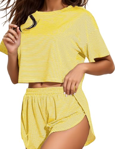 Image of Split Short Pajama Set Soft Women's Striped Pajama Sleeve Tee & Elastic Waist Shorts Lounge Sleepwear Yellow