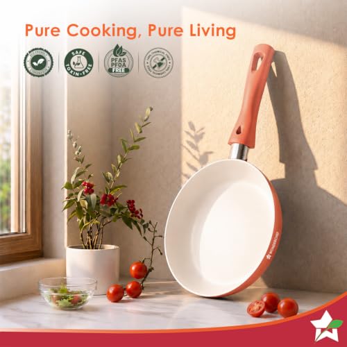 Image of Wonderchef Natura Ceramic Fry Pan for Cooking, 20cm, 1.2L, Non-Toxic Chemical-Free Coating, PFOA /PFAS-Free, for Kitchen, Scratch-Resistant, Gas & Induction Compatible, 2-Yr Warranty, Peach