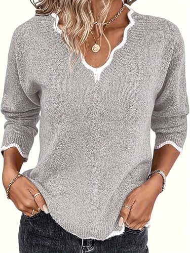 Binding V Neck Long Sleeve Sweater Jumper Tops Women's Classic-Fit Pullover Sweater3