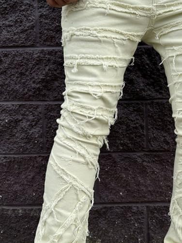 Jeans Pants Trouser Denim Stretch Trendy Street Personality Stacked Edge Tassel Workwear Straight Leg for Men4