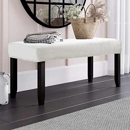 Miki Velvet Dining Room Bench Covers - Soft Stretch Spandex Washable Bench Slipcover, Removable Upholstered Bench Seat Protector for Living Room and Bedroom, White