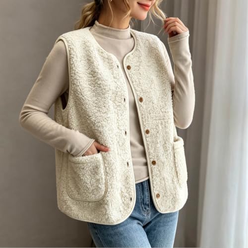 Womens Sherpa Fleece Vest Button Front Crew Neck Pockets Casual Fall Layer - image 6