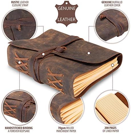 Leather Journal Lined Notebook Paper - MOONSTER® Leather Bound Journals for Writing for Women & Men, 18x13cm Ruled Small Notebooks, Kraft Paper with 400 pages, Lined Paper College Ruled & Travel Size