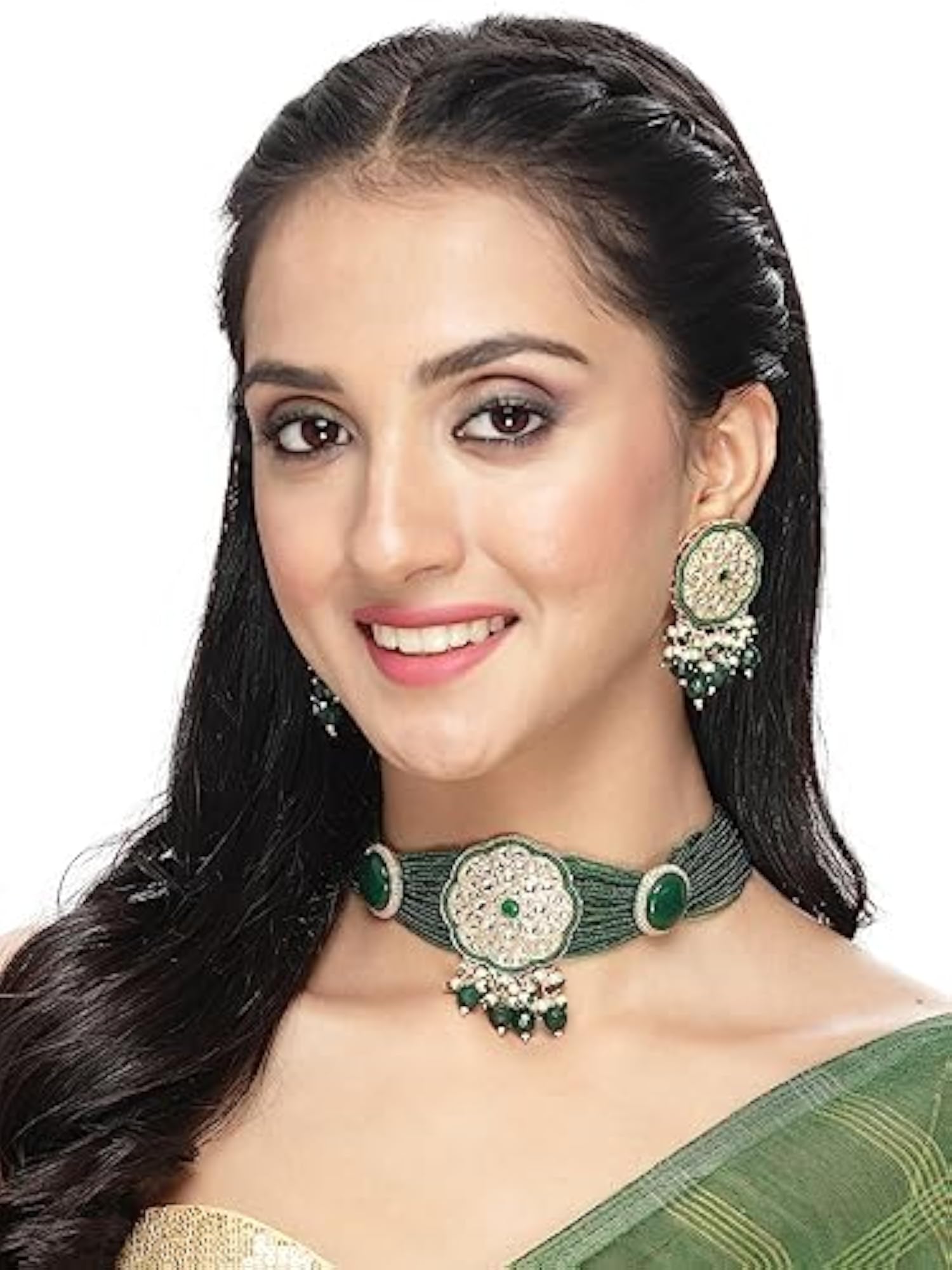 Plated Kundan & Beads Choker Necklace Set With Earring