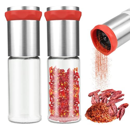 Chilimühle 2 pcs 170ml Chili Mühle aus Edelstahl & Glas Chili Gewürzmühle Muskatnuss Mühle Gewürzmühle Chil Zerkleinerer für Verschiedene Gewürze wie Pfeffer Salz und getrocknete Chilischoten