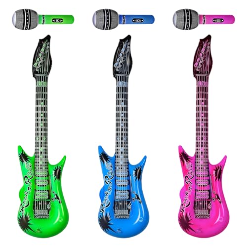 6Pcs Inflatable Guitar, Blow Up Guitar for Kids, Inflatable Microphone Set, Musical Instrument Toys for Children, Air Guitar Collection with 3 Guitars and 3 Microphones