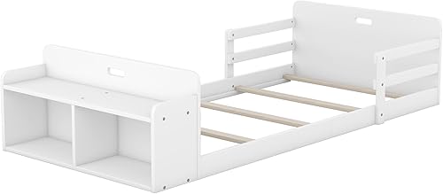 Miniatura 5 de Merax Base de cama de plataforma de tamaño individual con estribo de almacenamiento, no necesita somier, fácil montaje para niños, color blanco