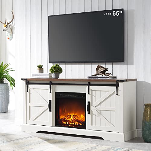OKD Farmhouse Electric TV Stand for 65+ Inch TV, Rustic Entertainment Center with 18" Fireplace, Sliding Barn Door, Storage Shelves, Wood Media Console Cabinet for Living Room, Antique White