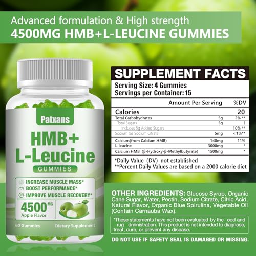 2 Packs 4500mg HMB and L-Leucine Gummies for Muscle Growth and Recovery, Apple Flavor, 120 Count for Men and Women