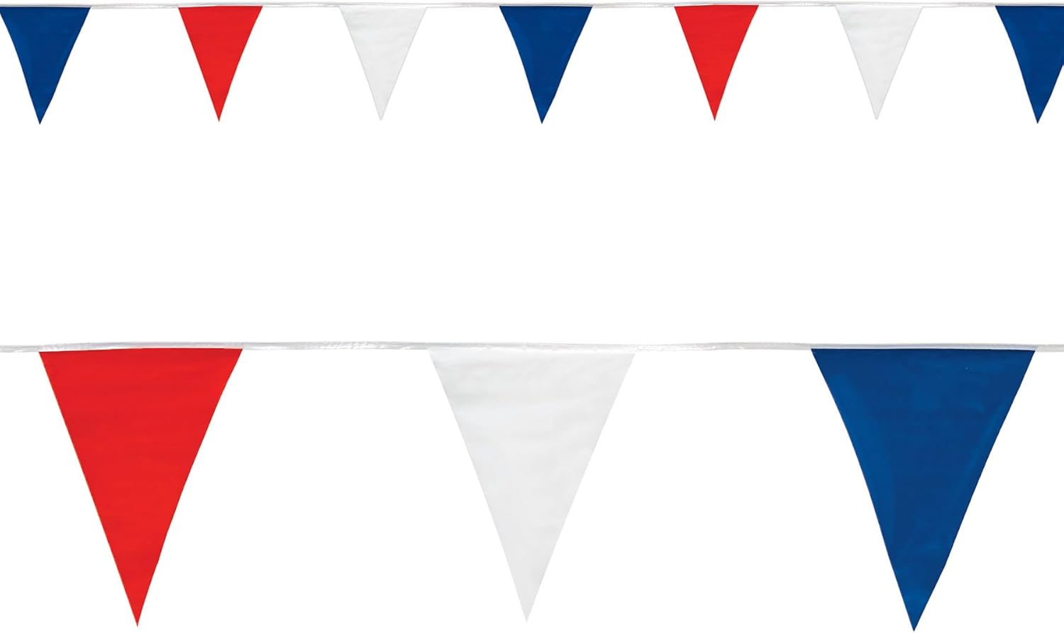 Beistle Red, White & Blue Triangle Pennant Banner, 17” x 120’ – Patriotic Flag Porch Decorations, Themed Party Supplies for 4th of July & Memorial Day, Festive American Summer Holiday Decor