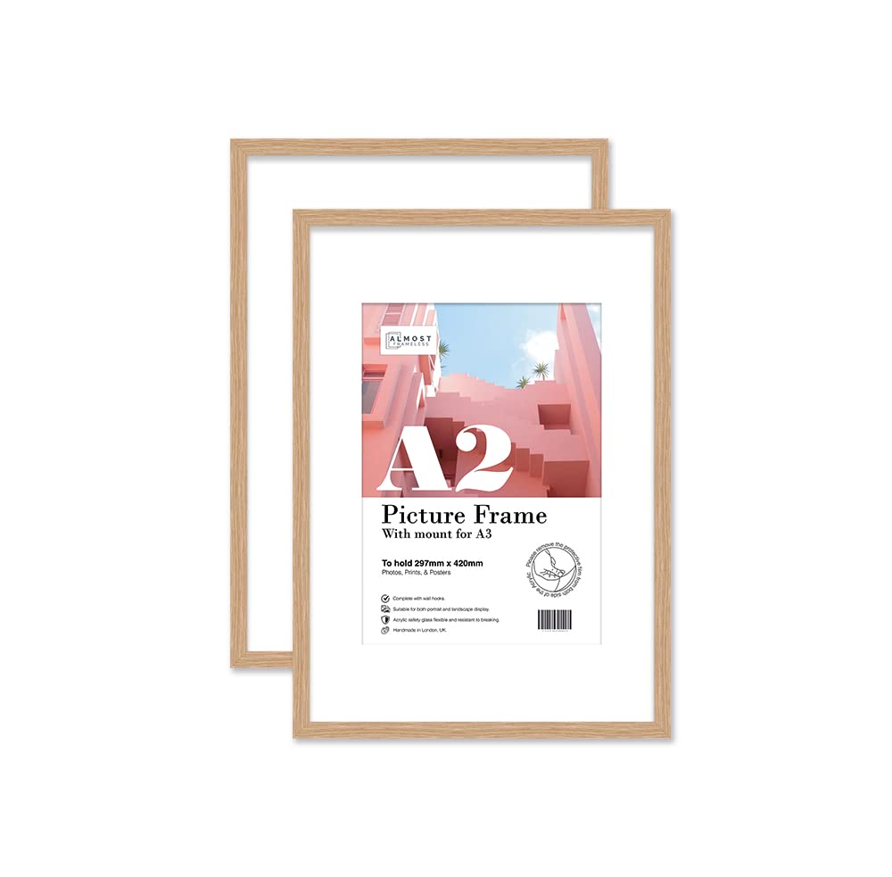 Almost Frameless Oak A2 Picture Frame Set Of 2, Display A3 Pictures With Mount Or A5 Without Mount Gallery Wall, Poster, Photo, Artwork, Or Print,