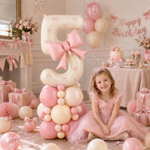 Image of 40 Inch Pink Beige Number 5 Balloon Tower with Bow 5th Birthday Decorations
