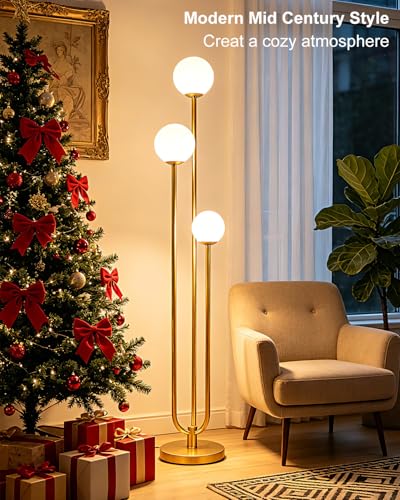Image of 63IN 3-Light Dimmable Floor Lamp, Unique Gold Tall Standing Lamps with 3000K G9 Bulbs for Reading, Mid Century Modern Floor Lamp with 5Lbs Heavy Base for Living Room Bedroom Home Office