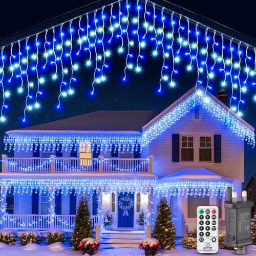 PBGMRT Icicle Christmas Lights Outdoor 10M - Fairy Lights Plug in Cool White & Blue Connectable Waterproof Led Bright Icicle Lights Mains Powered with 8 Modes & Remote Timer for Window Garden Party