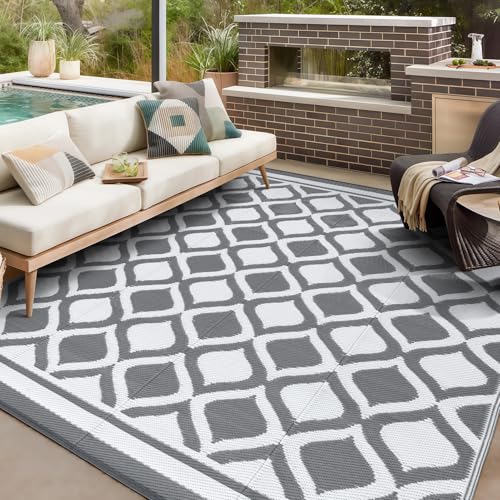 VK·LIVING Alfombra Exterior 120X180cm Impermeable Reversible Duradera & UV Resistente Moderna Portátil Ligera para Alfombra de Exterior Balcón Camping Patio RV Gris&Blanco