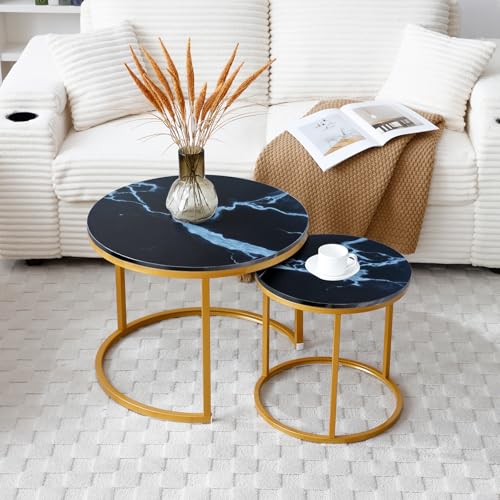 Kolavess Small Round Nesting Coffee Table Set of 2 for Living Room, Wood Grain Faux Marble Modern Stacking Circle Coffee Table Side Table End Table with Metal Frame for Bedroom （Black Gold