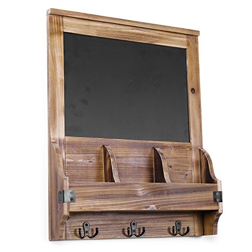 Mygift Rustic Burnt Wood Wall-Mounted Entryway Chalkboard Sign Organizer With 3 Dual Key Hooks And 3 Storage Compartments #TOP5
