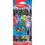MAPED Color’Peps Monster-12 Coloriage Fun et Originaux-Couleurs Vives et Mine Résistante-Pochette de 12 Crayons Décorés MONSTRE en Résine, 862612