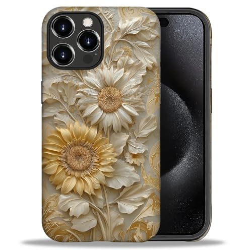 ZHEGAILIAN Case for iPhone 16 Pro Max,Shockproof Hard Shell + Soft Silicone 2 in 1 Hybrid,Shockproof Bumper Drop Protective - Faux Porcelain Sunflower